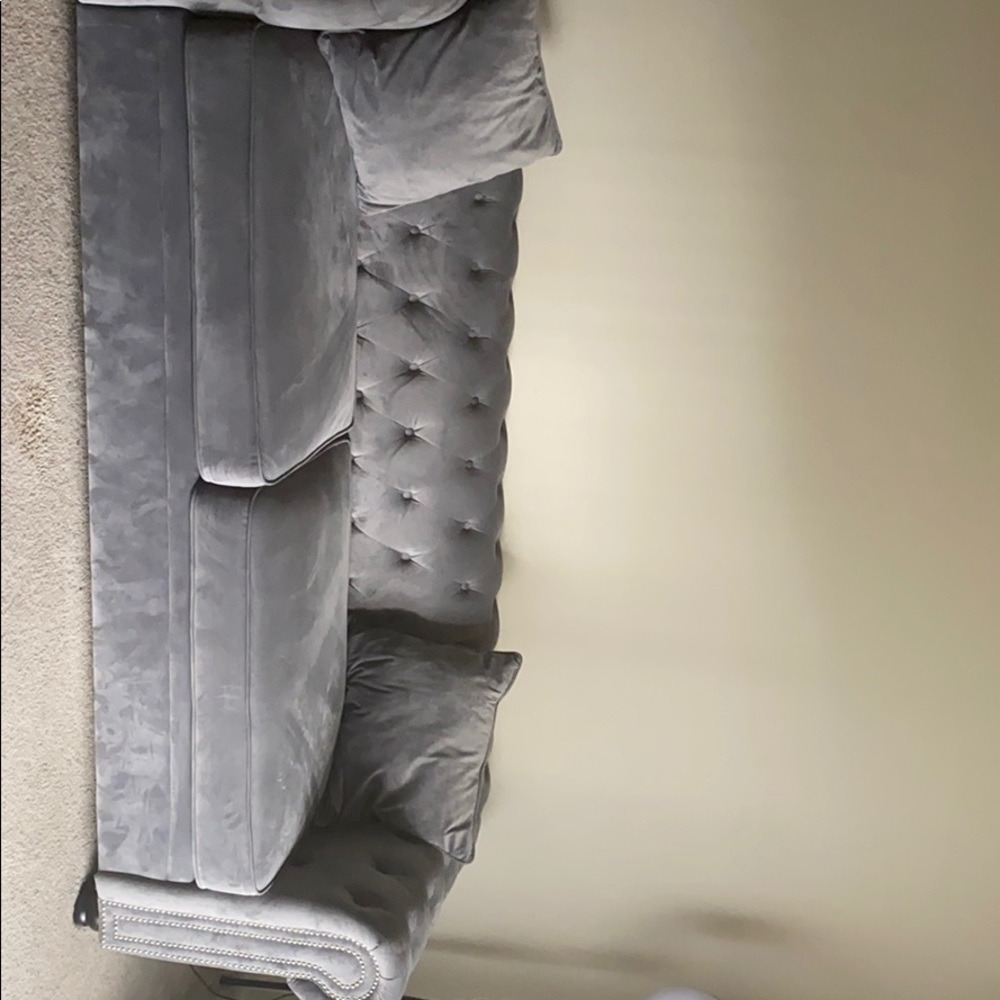 Slate/gray velvet couch.
